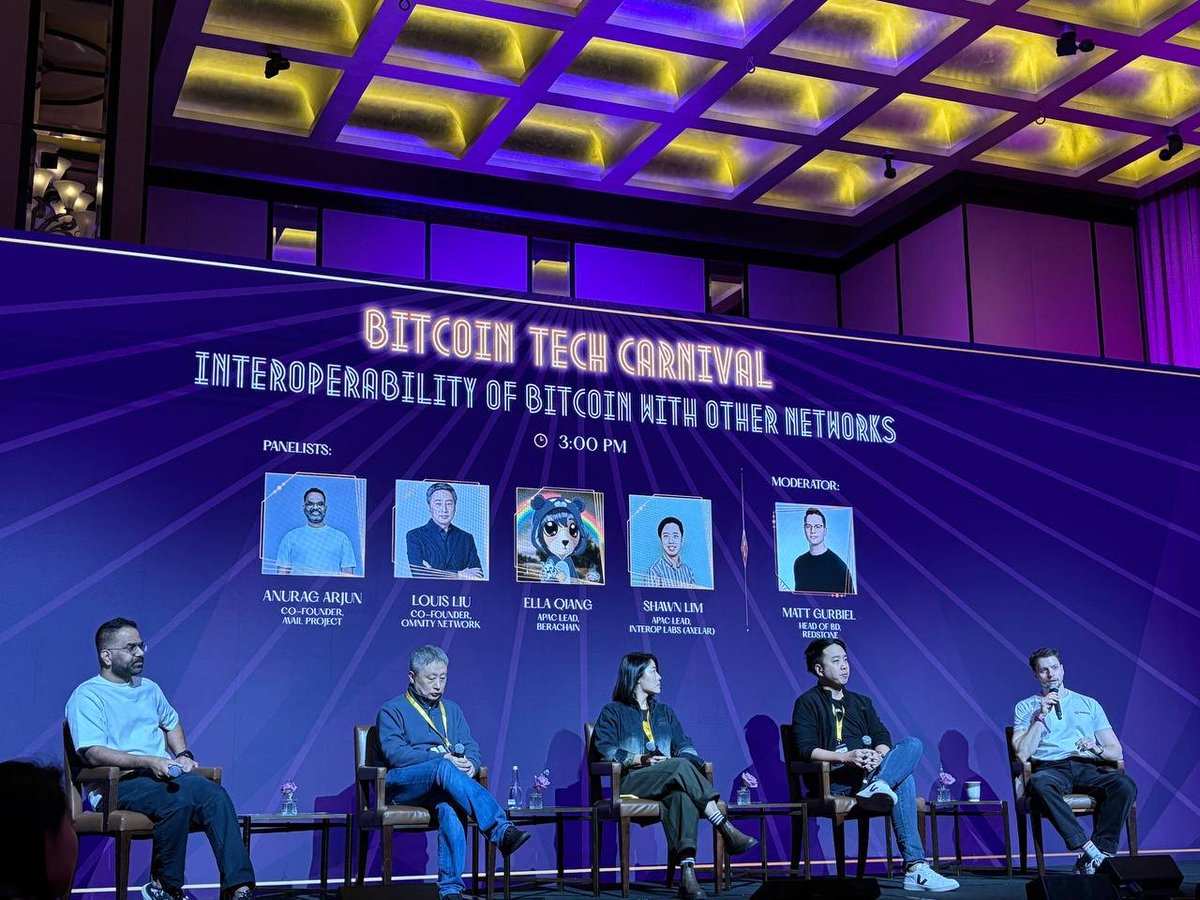 SatLayer 🟨🧊 (@satlayer) on Twitter photo 📍Bitcoin Tech Carnival 🇭🇰
<a href="/mattgurbiel/">Matt Gurbiel @ETHcc</a> leads a discussion with panelists including <a href="/anuragarjun/">Anurag Arjun</a>, <a href="/louisliubj/">Louis Liu</a>, <a href="/ellaqiang9/">ella 🐻⛓️</a>, and <a href="/satoslim_X/">SLimX</a>, diving into the topic of Bitcoin's interoperability with other L1s and networks. 📍Bitcoin Tech Carnival 🇭🇰
<a href="/mattgurbiel/">Matt Gurbiel @ETHcc</a> leads a discussion with panelists including <a href="/anuragarjun/">Anurag Arjun</a>, <a href="/louisliubj/">Louis Liu</a>, <a href="/ellaqiang9/">ella 🐻⛓️</a>, and <a href="/satoslim_X/">SLimX</a>, diving into the topic of Bitcoin's interoperability with other L1s and networks.
