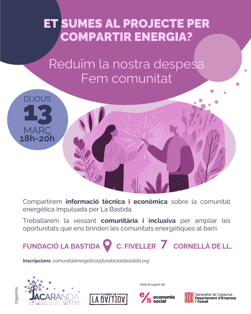 🌱⚡ Vols compartir energia i reduir despeses? 💡♻️

Ens trobem a Fundació La Bastida per parlar de comunitats energètiques. Vine i descobreix com  podem sumar esforços per un barri més sostenible i comunitari!

📩 Inscripcions: comunitatenergetica@fundaciolabastida.org