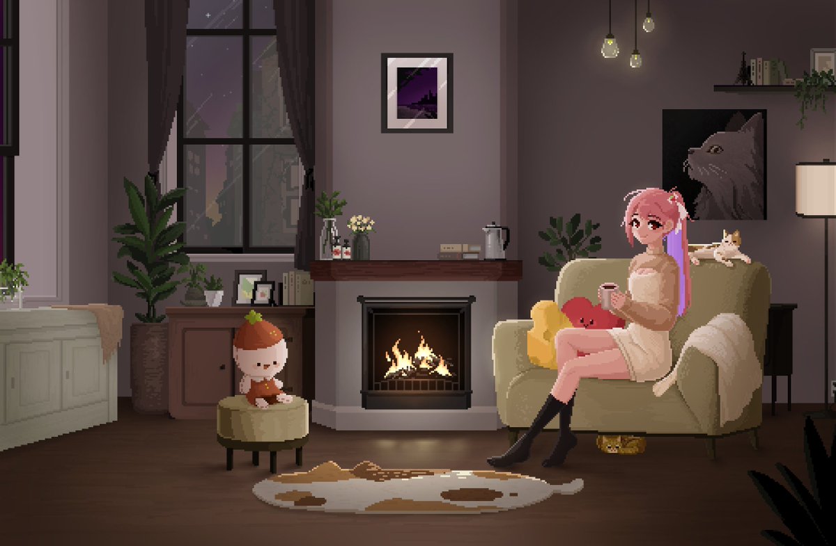 따뜻한 벽난로와 코코아 그리고 고먐미

#에렌디라 #pixelart