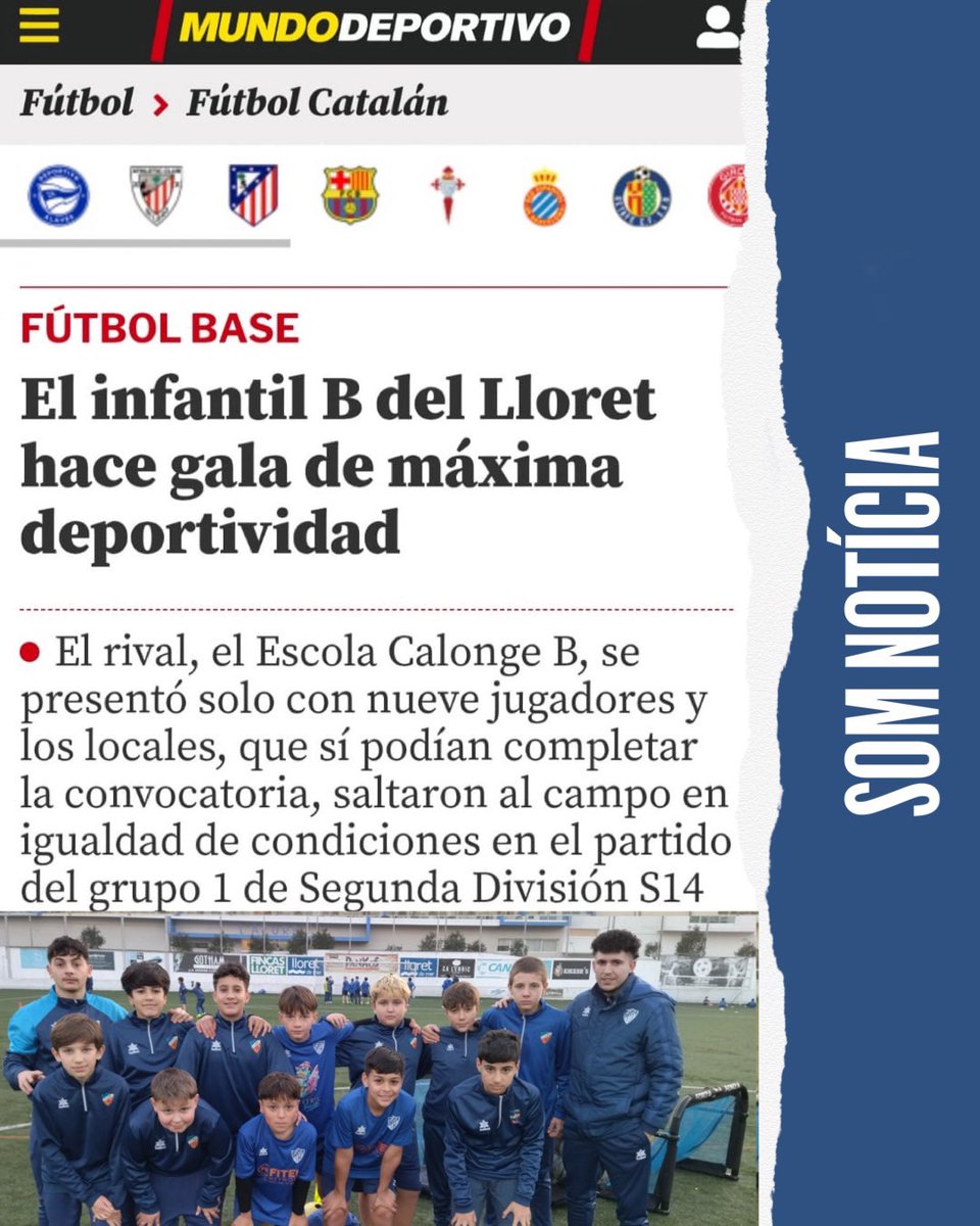 cf_lloret's tweet photo. 📰 El gest d’esportivitat del nostre Infantil “B” S14 és notícia avui a @mundodeportivo i @novaradiolloret

@fiteltelevision 

#cflloret #amuntlloret #lloretdemar #futbol https://t.co/cxqszx4r1u