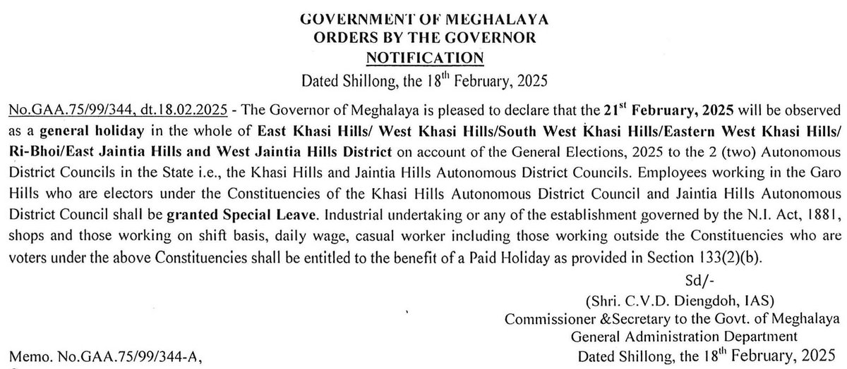 MeghalayaGov's tweet image. #GeneralHoliday on the 21st February, 2025 on account of the #GeneralElection to #KHADC &amp;amp; #JHADC @DiprMeghalaya @CyrilDiengdoh  @AirShillong @ddnewsshillong (meghalaya.gov.in/sites/default/…)