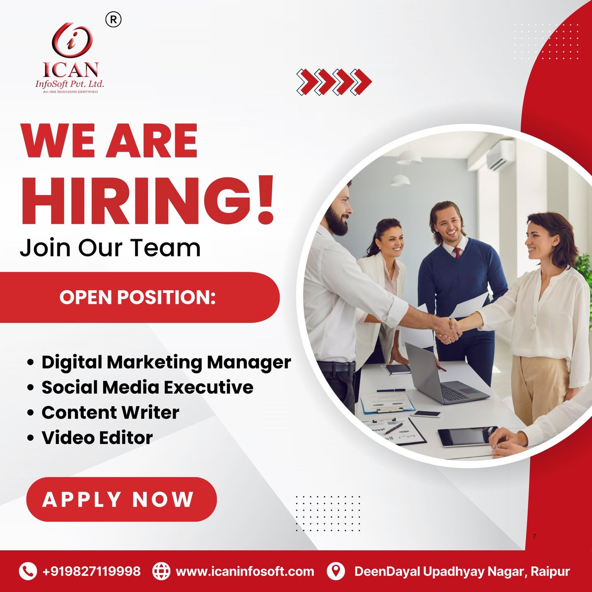 ICANInfoSoft's tweet photo. 🔴 WE ARE HIRING! 🔴 Join ICAN InfoSoft Pvt. Ltd. and take your career to new heights! 🚀

📞 +91 9827119998

Apply now! 📩 

#WeAreHiring #ICANInfoSoft #JobOpening #HiringAlert #RaipurJobs #MarketingJobs #SocialMediaJobs #ContentWriter #VideoEditor #CareerGrowth https://t.co/D3lQFgkbiz