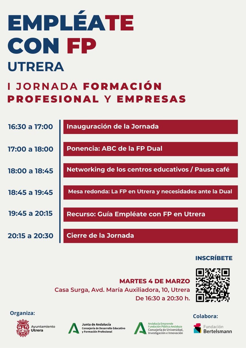 cadesevilla's tweet photo. 🆕 𝑰 𝑱𝒐𝒓𝒏𝒂𝒅𝒂 𝒅𝒆 𝑭𝑷 𝒚 𝑬𝒎𝒑𝒓𝒆𝒔𝒂𝒔 EMPLÉATE CON FP UTRERA

🗓️ 04/03/2025 
⏰ 16:30 a 20:30h
📍Casa Surga, Avda María Auxiliadora, 10, Utrera 
✍🏽📋: https://t.co/6JUdaeNrwW

Organiza: @CiudadUtrera @EducaAnd @aemprende  #CADEUtrera

Colabora: @FBertelsmann https://t.co/1RQZ8Qb2mX