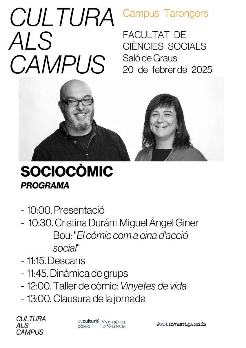 Este jueves Cultura als Campus y <a href="/AulaComicUV/">Aula de Còmic UV</a> celebran una nueva edición de <a href="/sociocomic/">Sociocòmic</a> en <a href="/FacSocialsUVEG/">Fac. Socials – UVEG</a>, con la participación de dos grandes autores:  Cristina Durán y Miguel Ángel Giner. ¡Os esperamos! <a href="/LaNauuv/">UVcultura / La Nau</a> @CrisDuranLaGRUA