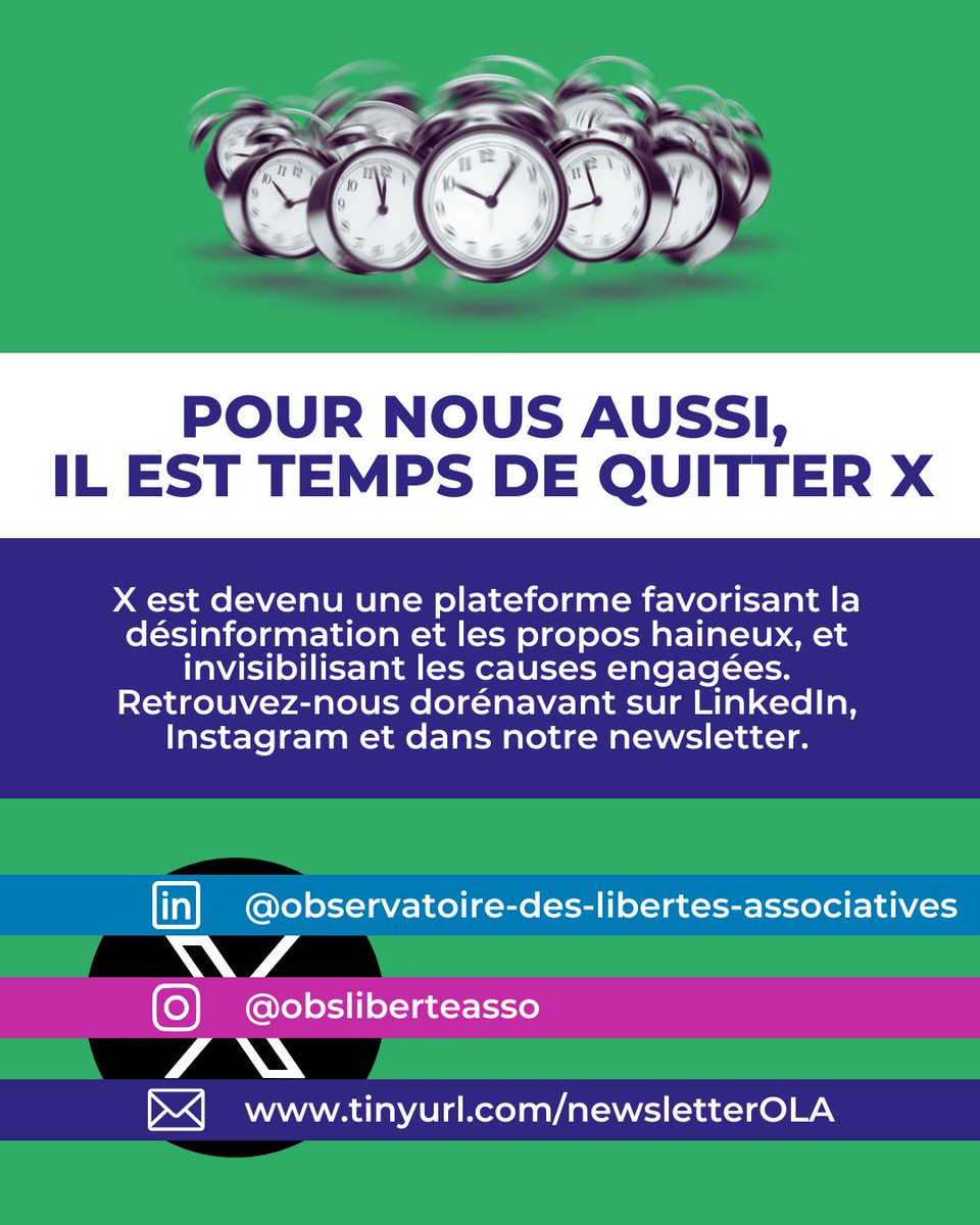 obsliberteasso's tweet image. 📢Ciao X  

Moins de visibilité pour les causes engagées, plus de haine et de désinformation… Nous quittons X. 

Retrouvez-nous sur LinkedIn, Instagram et dans notre newsletter pour continuer à défendre les libertés associatives.  

#HelloQuitteX #jequittex @HelloQuitteX