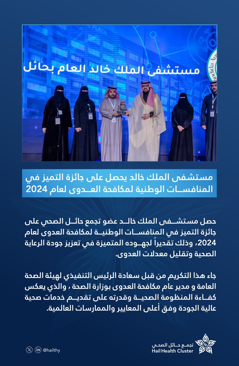 #خبر | 📄

مستشفى الملك خالد عضو #تجمع_حائل_الصحي
يحصل على جائزة التميز في المنافسات الوطنية
لمكافحة العدوى لعام 2024 . 

#حائل_الأصح