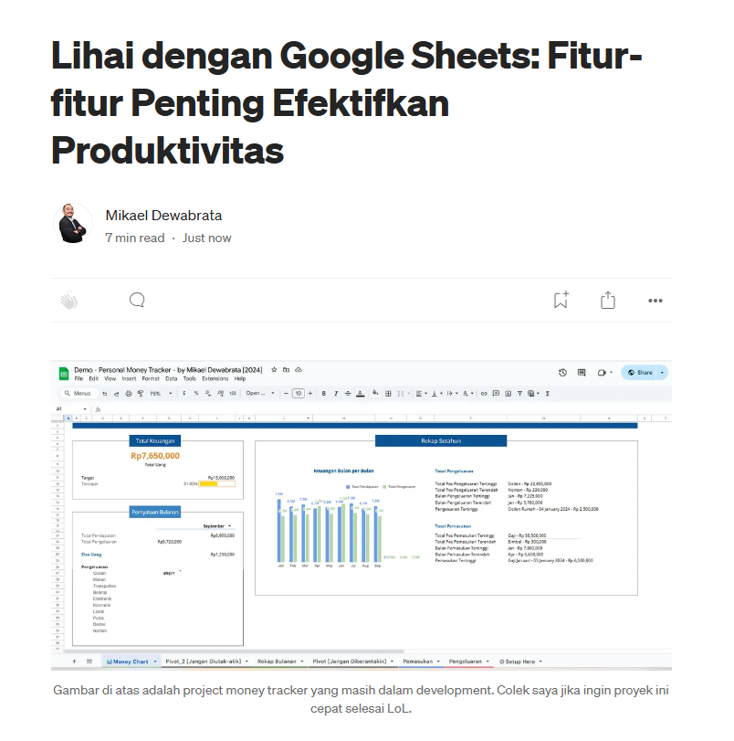 MikaelDewabrata's tweet photo. Artikel Medium saya hari ini mengenai Google Sheets. Kadang kita kurang mengoptimalkan tool ini. Padahal ada beberapa fitur yang kalau kita manfaatkan dengan baik bakal bikin sheets kita lebih fungsional.

Di tulisan ini saya jelaskan apa saja fitur tersebut dan bagaimana menerapkannya di project Google Sheets. URL artikel ada di trid ini.

Habis dibaca sudah bisa langsung diterapkan.

Simak dan Bookmark!