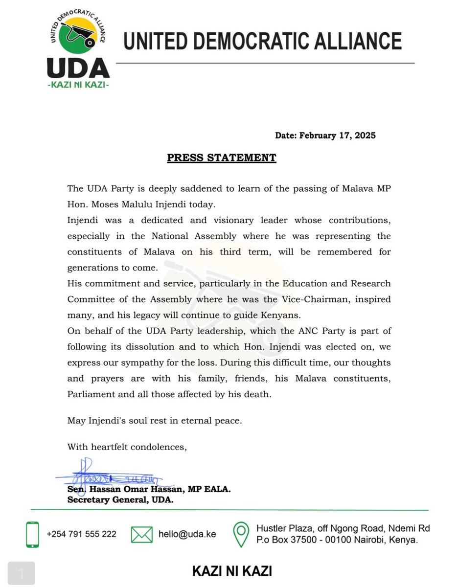 ProgressKN's tweet image. PRESS STATEMENT FOLLOWING THE DEMISE OF HON. MALULU INJENDI.