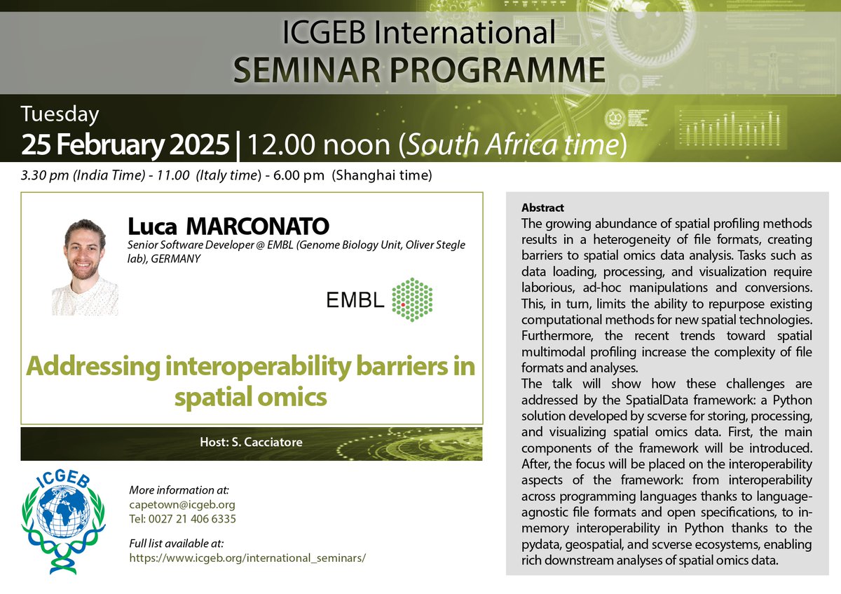 ICGEB Cape Town (@icgebcapetown) on Twitter photo Join our next #ICGEBCapeTown International seminar by <a href="/LucaMarconato2/">Luca Marconato</a> from <a href="/embl/">EMBL</a> <a href="/OliverStegle/">Oliver Stegle</a> Lab
📅 25 February 2025
🕛 Noon - SAST 🇿🇦
🔗 email: capetown@icgeb.org for link to register Join our next #ICGEBCapeTown International seminar by <a href="/LucaMarconato2/">Luca Marconato</a> from <a href="/embl/">EMBL</a> <a href="/OliverStegle/">Oliver Stegle</a> Lab
📅 25 February 2025
🕛 Noon - SAST 🇿🇦
🔗 email: capetown@icgeb.org for link to register