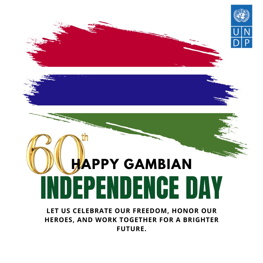 Happy Independence Day, The #Gambia! 

Celebrating 6️⃣0️⃣ years of resilience &amp; progress. UNDP is proud to stand with 🇬🇲 in building a sustainable and inclusive future. 💙

#GambiaAt60
