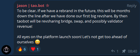 DEXLaboratory4's tweet photo. I've heard people thinking that $TAOBOT is migrating CA ❌ couldn't be further from reality

🎯 This is the rough "roadmap" of how this can roll down the line:

> Platform Launch + Kick Off Rev Share from Swap
> Validator & Bridge Revenue Sharing (TBD)
> Rebrand with CA migration (probably tax removal while at it?) Months away still

Taobot has worked for a very long time on their product, and I doubt they would decide to just do such a leap. In order to ensure that the transition is smooth the platform needs proper traction, and Jason knows that well.

@taodotbot team is comprised of big brains. Defo one of top ones I've met in this space.

If you are worried about the Swaps not live yet - the whole Bittensor Subnet space is still super volatile and most people would end up getting rekt. 

While I do believe this could've been communicated ahead of time by the Taobot team to make people understand, it is still the case.

I did not hold it since May 2024 without validating my thesis along the way. I still hold a significant bag of $TAOBOT and I am not looking to sell this cheap.

I would not work my arse off to get the team to meet some of the top KOLs in this space either if I wouldn't believe the project has tremendous asymmetry.

I do not recommend trading, buying or selling of the token. I provide you with my personal insights, as usual, so you can make a better informed decision.