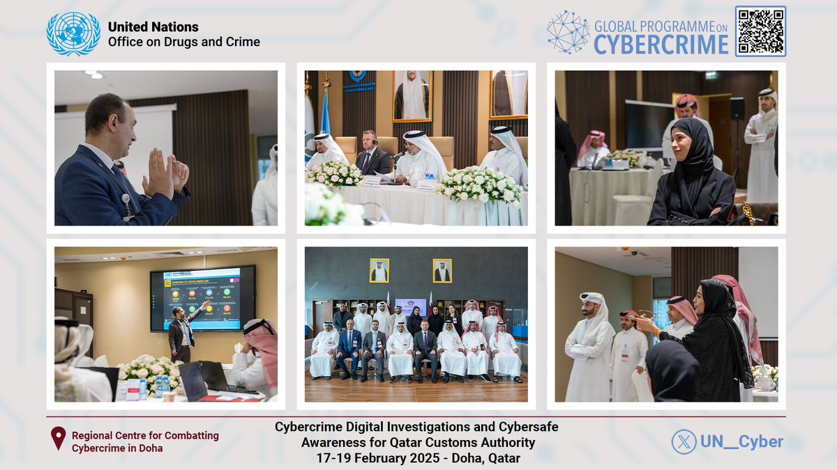 Global Programme on Cybercrime (@un__cyber) on Twitter photo Doha, 🇶🇦, Feb 17-19, 2025 | The <a href="/UN__Cyber/">Global Programme on Cybercrime</a> #CyberDohaCentre delivered a 3⃣-day training on Cybercrime Digital Investigations and Cybersafe Awareness for 1⃣3⃣ <a href="/Qatar_Customs/">الهيئة العامة للجمارك</a> officials from Legal, Public Relations and IT Departments.
🇺🇳🫱🏽🫲🏾🇶🇦 Doha, 🇶🇦, Feb 17-19, 2025 | The <a href="/UN__Cyber/">Global Programme on Cybercrime</a> #CyberDohaCentre delivered a 3⃣-day training on Cybercrime Digital Investigations and Cybersafe Awareness for 1⃣3⃣ <a href="/Qatar_Customs/">الهيئة العامة للجمارك</a> officials from Legal, Public Relations and IT Departments.
🇺🇳🫱🏽🫲🏾🇶🇦