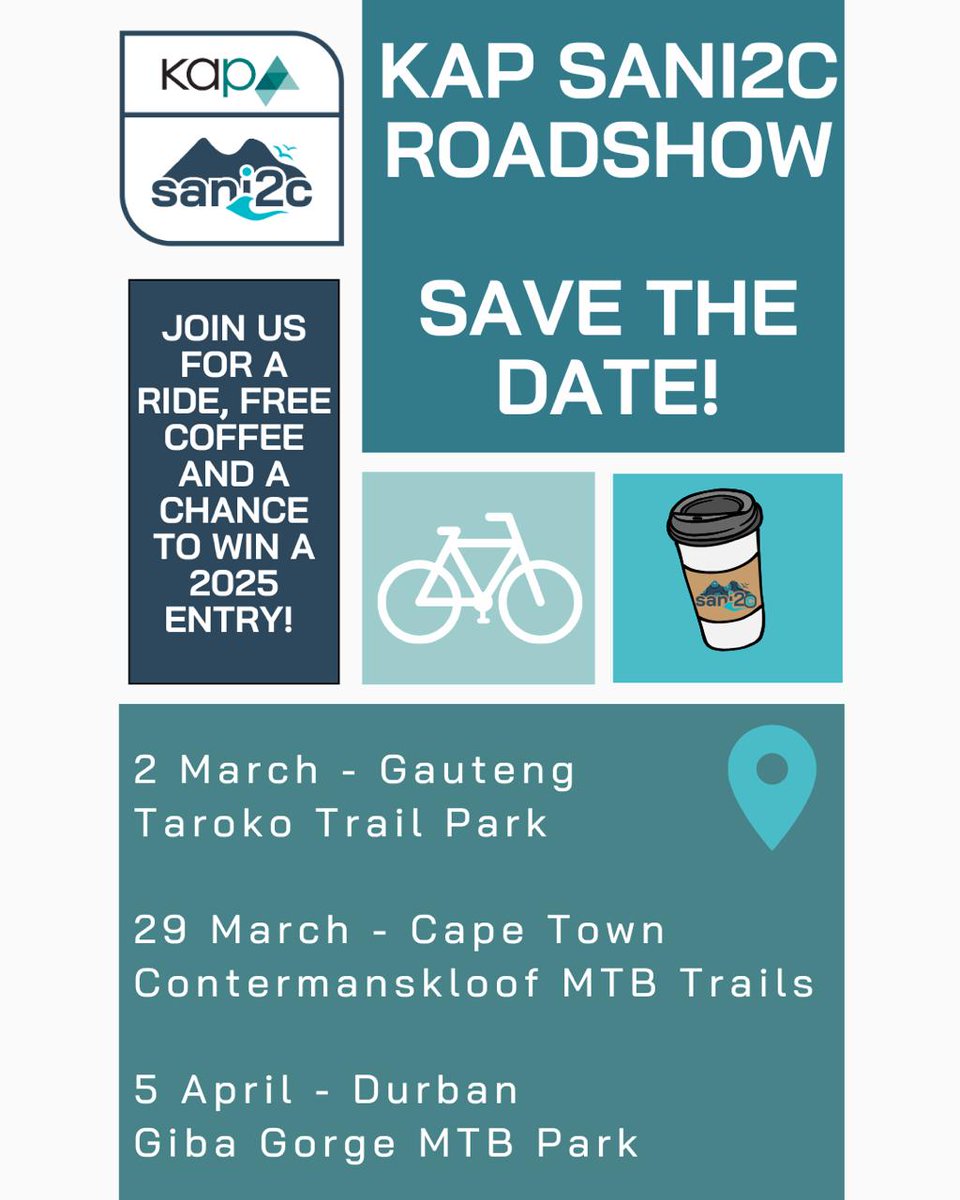 🚴 The KAP sani2c Roadshow is BACK! ☕🔥

Check out the locations and save the date 👇️

📍 2 March | 8:30 | Taroko Trail Park, JHB

📍 29 March | 7.30am | Contermanskloof MTB Trails, CT

📍 5 April | 8.30am | Giba Gorge MTB Park, KZN