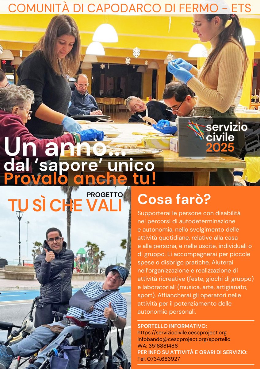 È stato prorogato al prossimo 27 febbraio, ore 14, il termine di presentazione delle domande al bando di #serviziocivileuniversale
Un’esperienza unica, un'opportunità per far sapere quanto vali...Vi aspettiamo
serviziocivile.cescproject.org  WA 3516881486
Info attività/orari 0734.683927