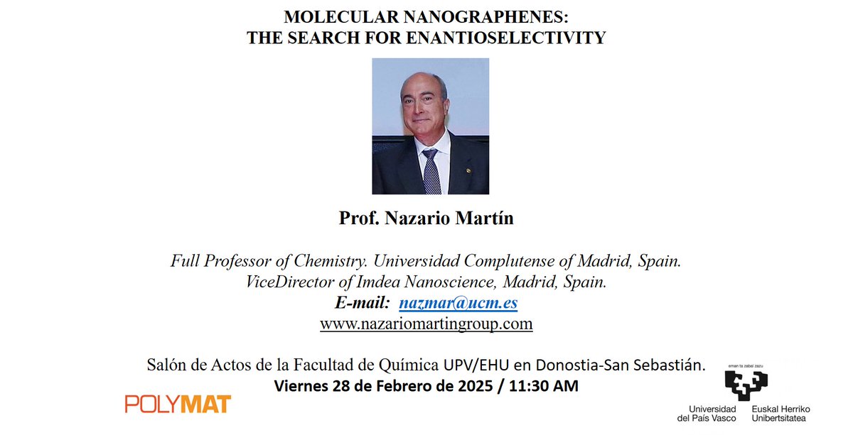 J. L. Delgado Group (@juanldelgadoc) on Twitter photo On friday the 28th (february) we will be delighted with the presence of Prof. Nazario Martín to deliver an invited seminar at the Faculty of Chemistry of UPV/EHU.
Find details below, please RT
<a href="/ehu_kimika/">Kimika Fakultatea UPV/EHU</a> <a href="/Ikerbasque/">Ikerbasque</a> <a href="/POLYMAT_BERC/">POLYMAT</a> <a href="/nazariolab/">Nazario Martín Group</a> On friday the 28th (february) we will be delighted with the presence of Prof. Nazario Martín to deliver an invited seminar at the Faculty of Chemistry of UPV/EHU.
Find details below, please RT
<a href="/ehu_kimika/">Kimika Fakultatea UPV/EHU</a> <a href="/Ikerbasque/">Ikerbasque</a> <a href="/POLYMAT_BERC/">POLYMAT</a> <a href="/nazariolab/">Nazario Martín Group</a>