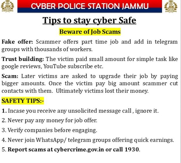 Be aware and stay safe.
<a href="/JmuKmrPolice/">J&K Police</a>
<a href="/ZPHQJammu/">Zonal Police Media Centre Jammu</a> 
<a href="/kameshwarpuri/">K Puri</a> 
<a href="/JAMMULINKS/">JAMMU LINKS NEWS</a>