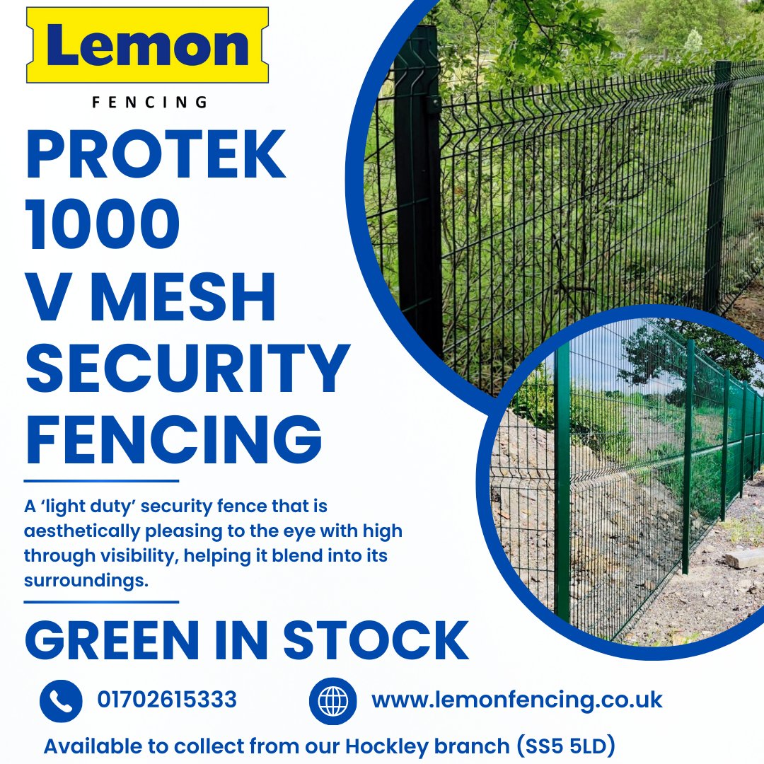 lemonfencing's tweet image. Protek 1000 green mesh available at our Hockley branch. 3.03m wide panels. Heights of 1.2m, 1.8m, 2.0m and 2.4m with dig-in clip type posts to suit. Other colours and sizes available to order. Contact us with your inquiry. #Vmesh #Protek1000 #Security #Southend #Essex