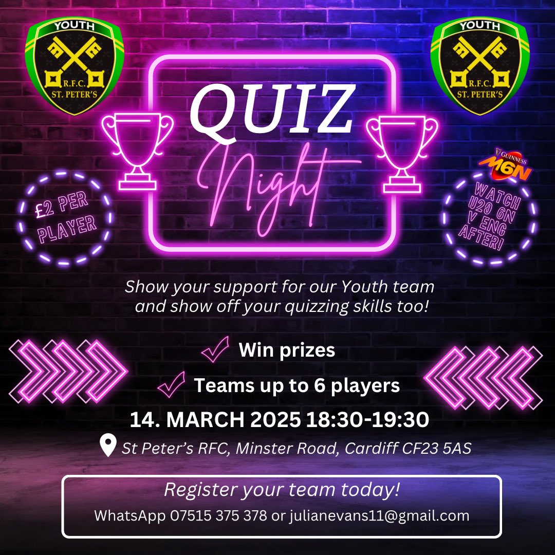 St Peters RFC Youth (@stpetersyouth3) on Twitter photo Second attempt to get our Quiz Night on! Come and support the Youth lads by signing up and joining in with this event to help raise funds for 2025 Tour! Then stay on and watch @sixnationsrugby @u20sixnations with <a href="/WelshRugbyUnion/">Welsh Rugby Union ๐ด๓ ง๓ ข๓ ท๓ ฌ๓ ณ๓ ฟ</a> v <a href="/EnglandRugby/">England Rugby</a> Second attempt to get our Quiz Night on! Come and support the Youth lads by signing up and joining in with this event to help raise funds for 2025 Tour! Then stay on and watch @sixnationsrugby @u20sixnations with <a href="/WelshRugbyUnion/">Welsh Rugby Union ๐ด๓ ง๓ ข๓ ท๓ ฌ๓ ณ๓ ฟ</a> v <a href="/EnglandRugby/">England Rugby</a>