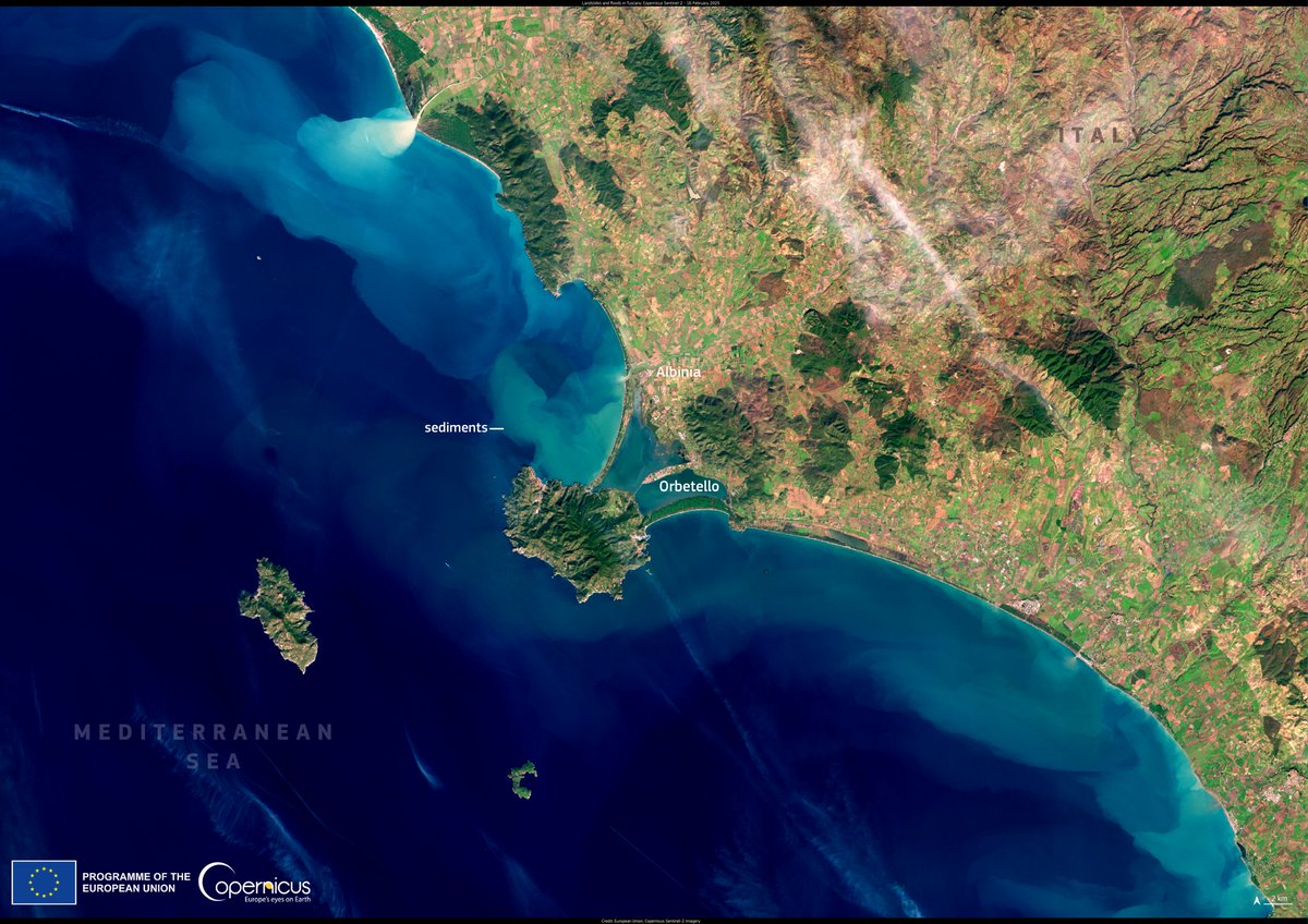 CopernicusEU's tweet photo. This #Sentinel2 image of the coast of Tuscany and Lazio 🇮🇹, was acquired on 16 February 2025.

The storm that hit this part of 🇮🇹 on the 13th of February and consequent flooding led to large amounts of sediment being poured into the Mediterranean Sea from rivers in the region. https://t.co/mowoTvC6Lh