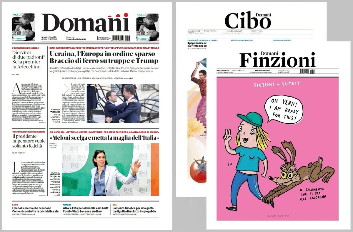 #18febbraio martedì in prima: incipit-anteprima su premier Arlecchino e presidente imperatore, apertura su Europa in ordine sparso su Ucraina, fotonotizia su Elly Schlein, richiami a piccoli cinema, età pensionabile, lamento funebre per una gatta + supplementi #Cibo e #Finzioni