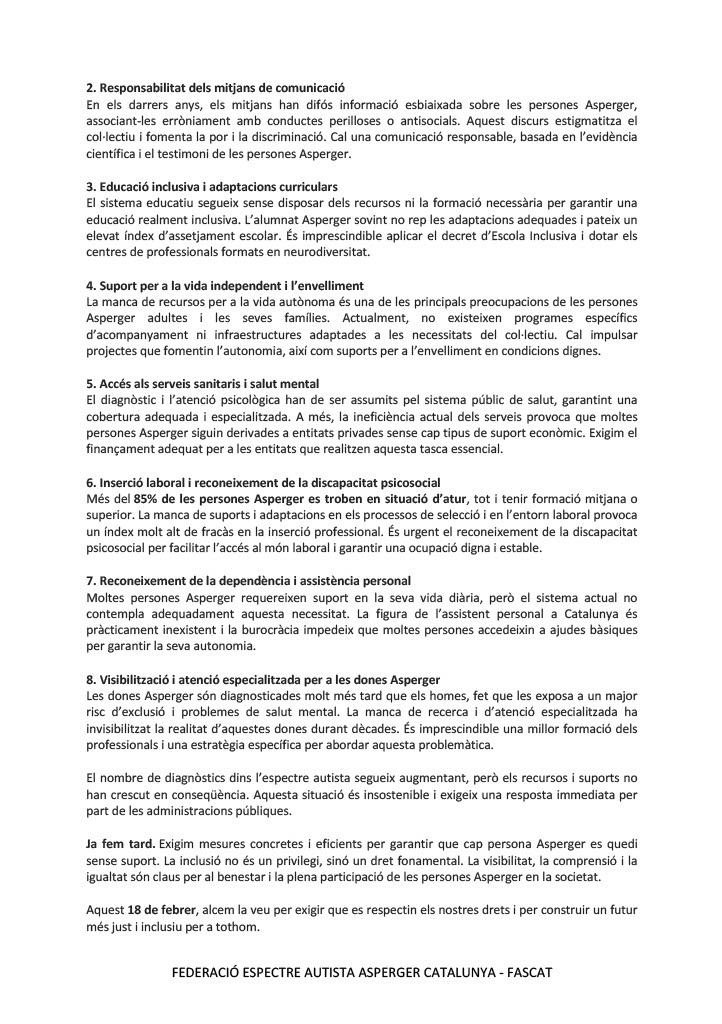 18 de Febrer #DiaInternacionalAsperger 🧡 
Jornada de reivindicació, reflexió i visibilitat per a l'Asperger (TEA 1,2). 
Seguim demanant suport i compromís amb el nostre Manifest 2025 <a href="/FedAspergerCat/">FASCAT</a> 
#asperger #TEA #CEA #fascat