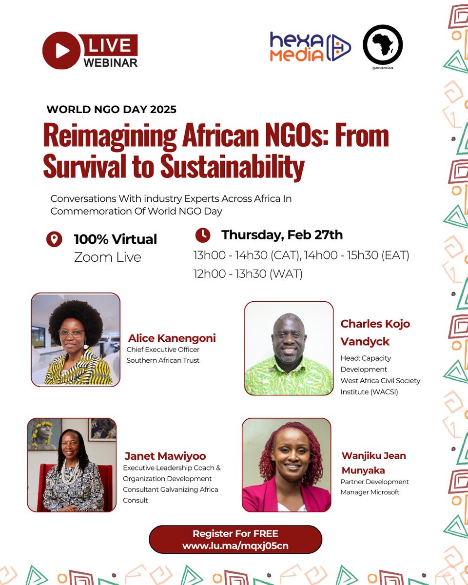 Meet the Changemakers at Our World NGO Day 2025 Webinar 👇🏾

These experts will unpack funding, AI &amp; Tech, NGO operations &amp; sustainability.

🔗 Click here to Register: lu.ma/mqxj05cn

#ngosinafrica #africanngos