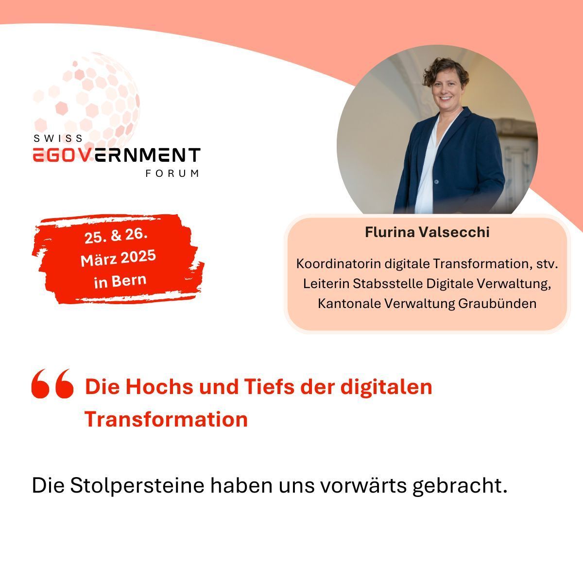 Wir freuen uns, Flurina Valsecchi als Keynote Referentin am Swiss eGovernment Forum 2025 zu begrüssen. Entdecken Sie das Programm und sichern Sie sich noch heute Ihr Ticket: buff.ly/3MwBwdI 

#swissegovernmentforum #Verwaltung #Gemeinde #Behörden #Stadt #Kanton #Bund