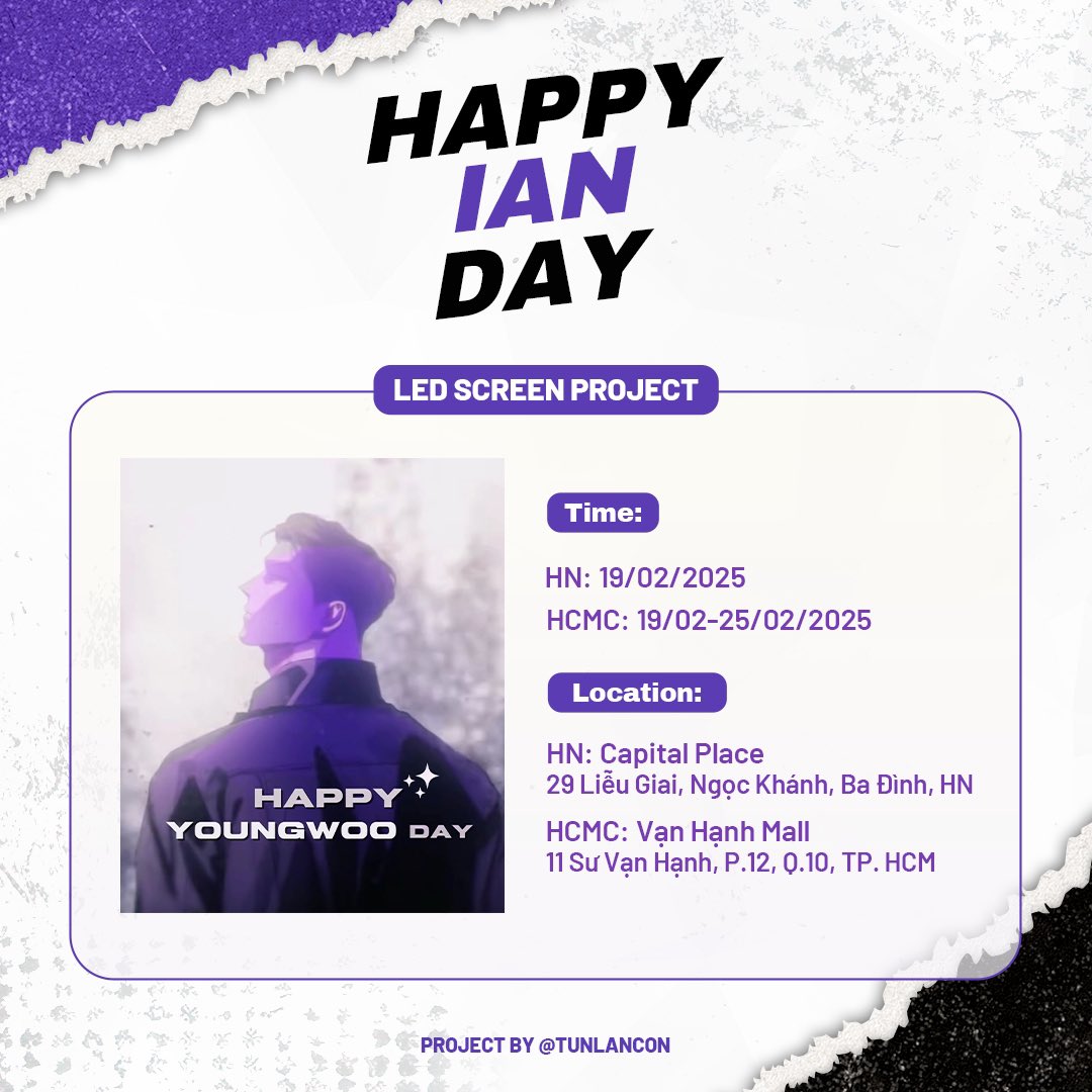 💜𝗛𝗔𝗣𝗣𝗬 𝗬𝗢𝗨𝗡𝗚𝗪𝗢𝗢 𝗗𝗔𝗬💜
A birthday event organised by VN fans

📍HN, VN 2/19
  🇻🇳 Capital Place - HN

📍HCM, VN 2/19 - 2/25
  🇻🇳 Van Hanh Mall - HCM

<a href="/dkbyak/">DOYAK</a> <a href="/Do7_ENT/">Do7 Ent.</a> 
#HAPPY_IAN_DAY 
#WetSand #웻샌드
#FromTunLancon_VIETNAM🇻🇳