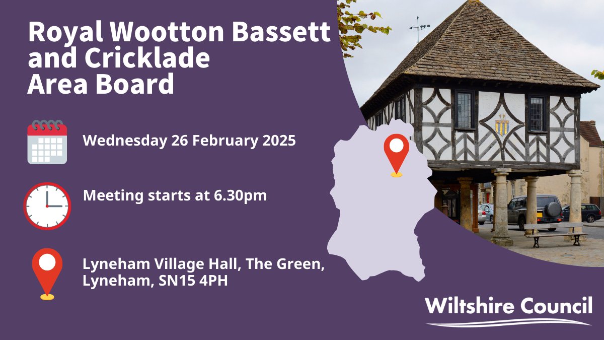 Royal Wootton Bassett &amp; Cricklade Area Board Meeting on Wednesday 26th February at 6.30pm!

Join residents, councillors and community partners. Discuss and hear updates as well as hearing about local priorities &amp; grant funding. 

More info 👉 orlo.uk/RWB_C_Area_Boa…