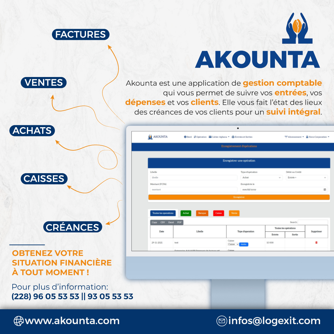𝐀𝐊𝐎𝐔𝐍𝐓𝐀– Votre allié pour une gestion comptable simplifiée !

Laissez 𝐀𝐊𝐎𝐔𝐍𝐓𝐀 gérer votre comptabilité pendant que vous vous concentrez sur la croissance de votre business !
akounta.com 

Essayez AKOUNTA dès maintenant et passez à la vitesse supérieure !