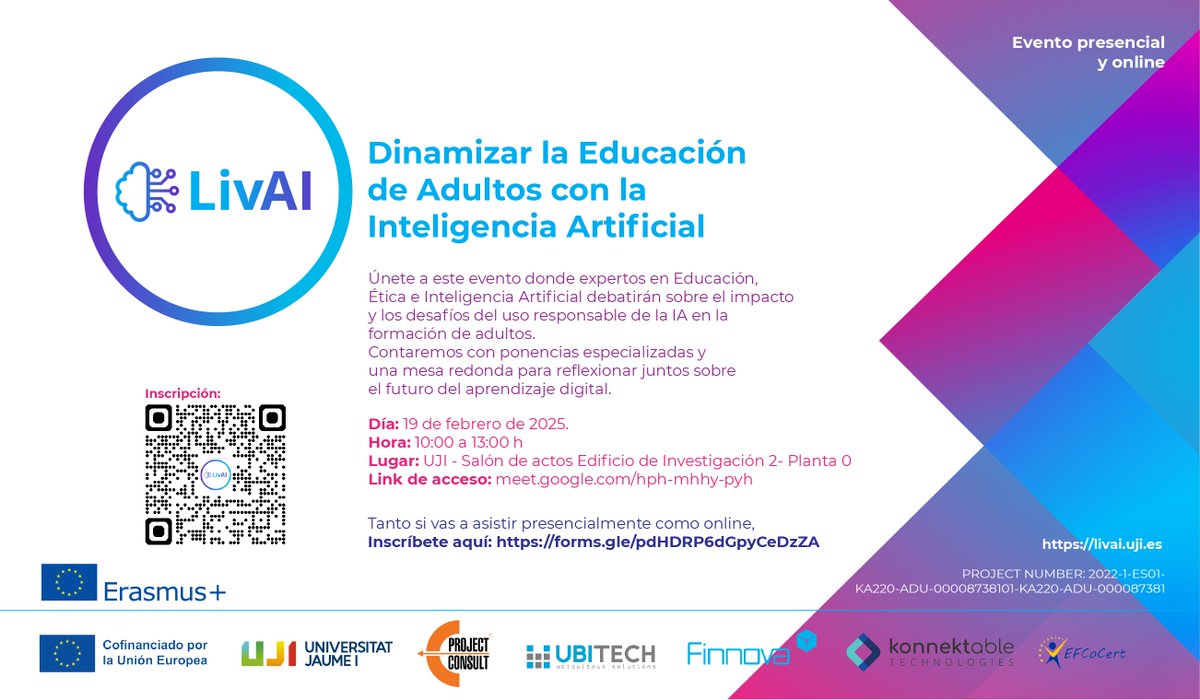 Join us tomorrow in our hybrid event "Dinamizar la Educación de Adultos con IA"!

📍 Place: Universitat Jaume I, Auditorium of the Research Building 2 - Floor 0
⏰ Time: 9:45 a.m. - 1:00 p.m.

📌 Register here to attend in person or online:
forms.gle/pdHDRP6dGpyCeD…

#Erasmus #IA