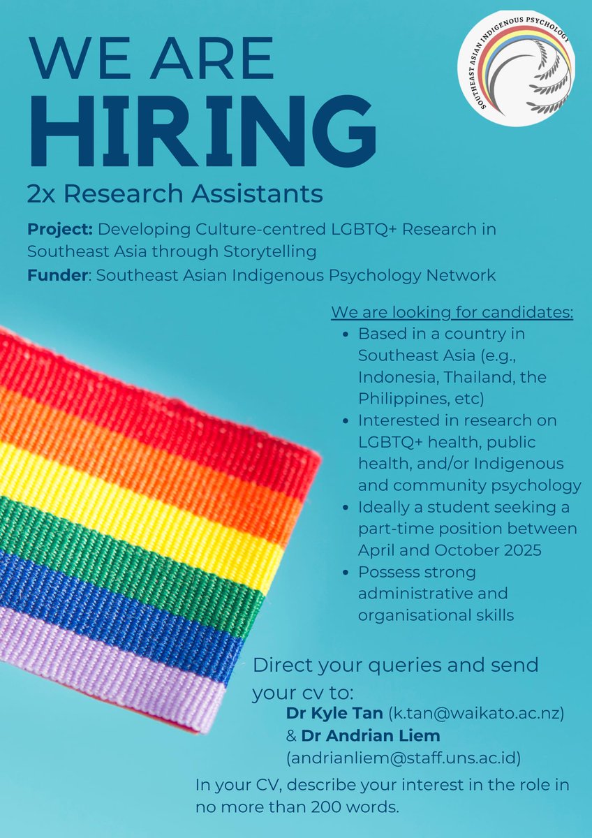 Student assistants needed for L•G•B•T•Q+ research in Southeast Asia via storytelling  🏳️‍🌈

I'm only helping circulate this, please direct all questions to the emails in the flyer 👇