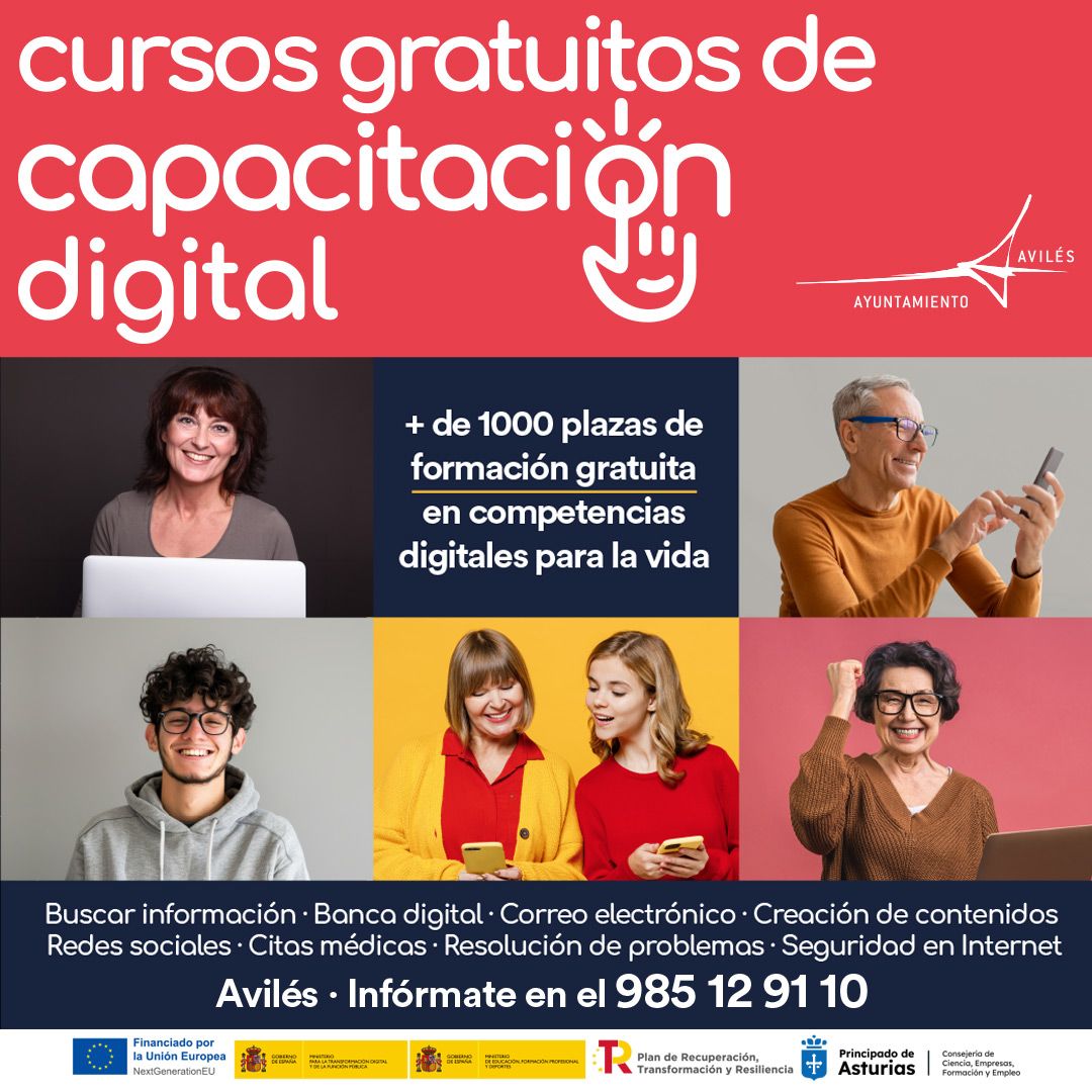 📣 ¡Nuevos cursos GRATUITOS de capacitación digital! 
 Cada curso tiene una duración de 10 horas, y puedes combinar varios si los horarios lo permiten. 📍 Inscripciones: 
✅ Presencialmente en el Centro de Empleo Europa 
📞 Teléfono: 985 129 110 
📩 Correo: empleo@aviles.es