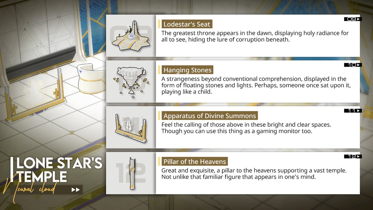 Dear Professor,
The furniture set [Lone Star's Temple] will be available on February 18th.
An exact crafted replica of the Reverse Babylon Tower's inner layou, a holy sanctuary that once embodied the greatest of authorities. You stand here for some time after the trials you have