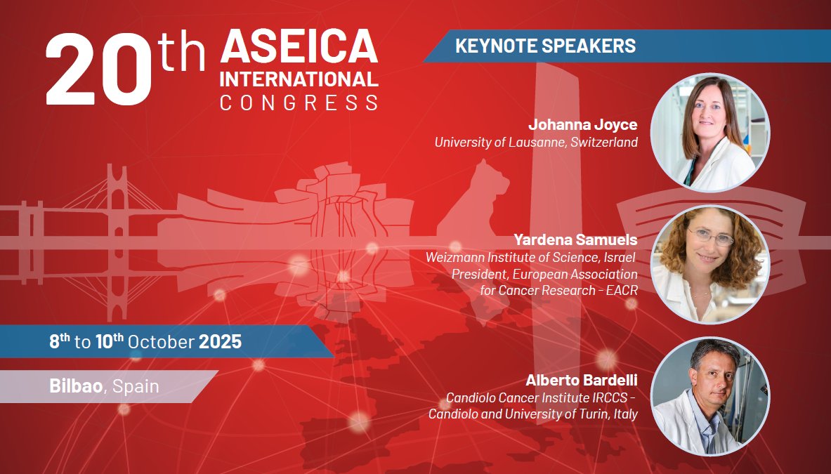 🛑SAVE THE DATE! #ASEICACongress

20th ASEICA International Congress🔬
📅8-10 OCT.25
🌐Bilbao(Spain)

📢INTERNATIONAL KEYNOTE🗣️:
✅Johanna Joyce (<a href="/unil/">Université de Lausanne</a>)
✅<a href="/samuels_yardena/">yardena samuels</a> (<a href="/WeizmannScience/">Weizmann Institute</a>)(<a href="/EACRnews/">EACR</a>)
✅Alberto Bardelli (<a href="/fpoirccs/">Istituto di Candiolo - FPO IRCCS</a>)(<a href="/BardelliLab/">Bardelli Lab</a>)
and➕

📘aseica.es/20th-aseica-in…