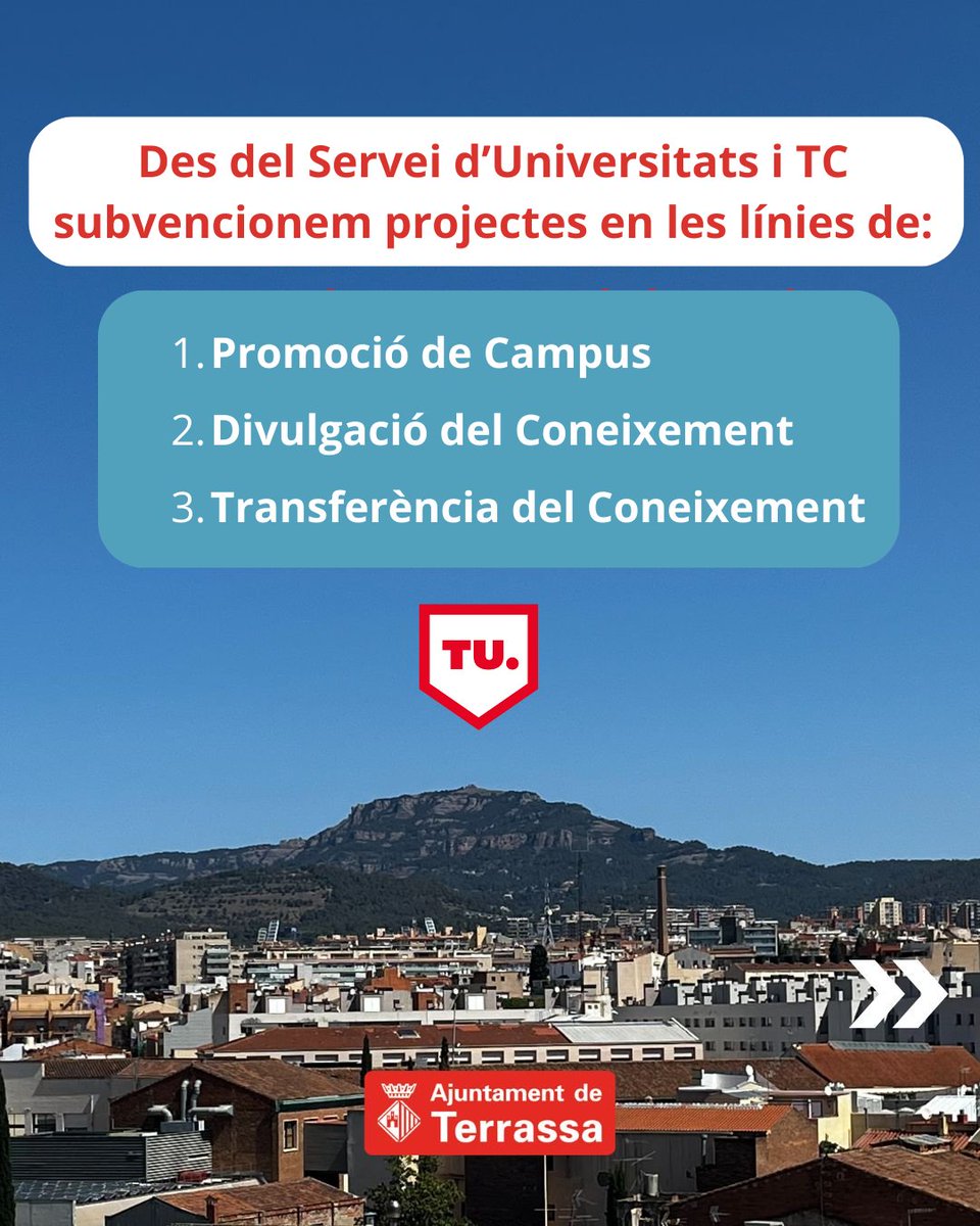 👋Ei, TU! Si vols demanar una subvenció per a projectes, activitats o serveis del 2025 en les línies de: Promoció del Campus, Divulgació del Coneixement i Transferència del Coneixement, tingues en compte que demà, 19 de febrer, és l'últim dia!
+ info: terrassa.cat/subvencions