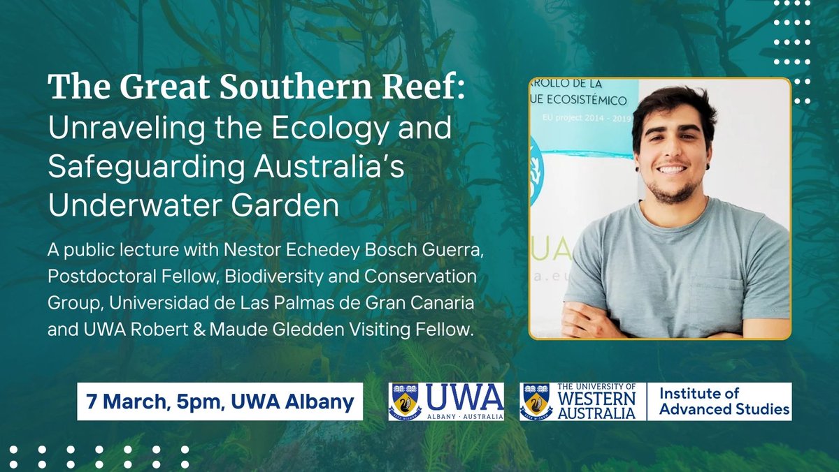 UWA Institute of Advanced Studies (@ias_uwa) on Twitter photo Public Talk
The Great Southern Reef
Speaker: <a href="/bosch_nestor/">Nestor E. Bosch</a> Universidad de Las Palmas de Gran Canaria and <a href="/uwanews/">UWA</a> Robert & Maude Gledden Visiting Fellow.
7 March, 5pm, <a href="/UWAAlbanyCentre/">UWA Albany Centre</a>
events.humanitix.com/great-southernโฆ
<a href="/UWAresearch/">UWA Research</a> <a href="/uwaoceans/">UWA Oceans Institute</a> Public Talk
The Great Southern Reef
Speaker: <a href="/bosch_nestor/">Nestor E. Bosch</a> Universidad de Las Palmas de Gran Canaria and <a href="/uwanews/">UWA</a> Robert & Maude Gledden Visiting Fellow.
7 March, 5pm, <a href="/UWAAlbanyCentre/">UWA Albany Centre</a>
events.humanitix.com/great-southernโฆ
<a href="/UWAresearch/">UWA Research</a> <a href="/uwaoceans/">UWA Oceans Institute</a>
