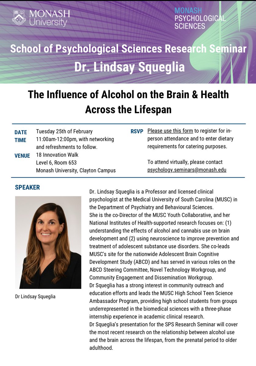 Antonio Verdejo-García (@verdejogantonio) on Twitter photo Next Tuesday 25 Feb at 11AM we will host the amazing Lindsay Squeglia at <a href="/MonashPsych/">Monash Psychology</a> She will talk about alcohol use and brain health across the lifespan. Please join! Next Tuesday 25 Feb at 11AM we will host the amazing Lindsay Squeglia at <a href="/MonashPsych/">Monash Psychology</a> She will talk about alcohol use and brain health across the lifespan. Please join!