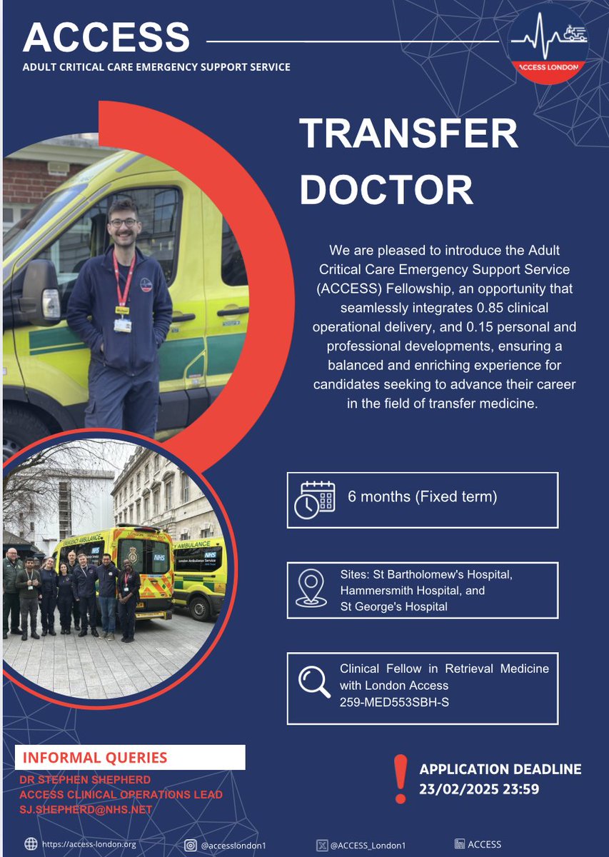 🚨 We are now recruiting! 🚨
Doctors interested in undertaking an ACCESS Fellowship can apply now! This unique opportunity blends 0.85 clinical operational delivery with 0.15 personal &amp; professional development, offering a well-rounded experience in transfer medicine.

🔗 Learn