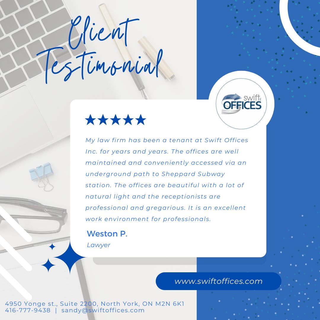 Swift Offices (@swiftoffices) on Twitter photo We’re dedicated to delivering exceptional service and exceeding expectations every time.
☏ (416)-777-9438
✉ sandy@swiftoffices.com
#SwiftOffices #ClientTestimonial #Testimonial #Review #CoworkingSpace #OfficeLeasing #OfficeSpace #OfficeSpaceForRent #BusinessSpace #Toronto We’re dedicated to delivering exceptional service and exceeding expectations every time.
☏ (416)-777-9438
✉ sandy@swiftoffices.com
#SwiftOffices #ClientTestimonial #Testimonial #Review #CoworkingSpace #OfficeLeasing #OfficeSpace #OfficeSpaceForRent #BusinessSpace #Toronto