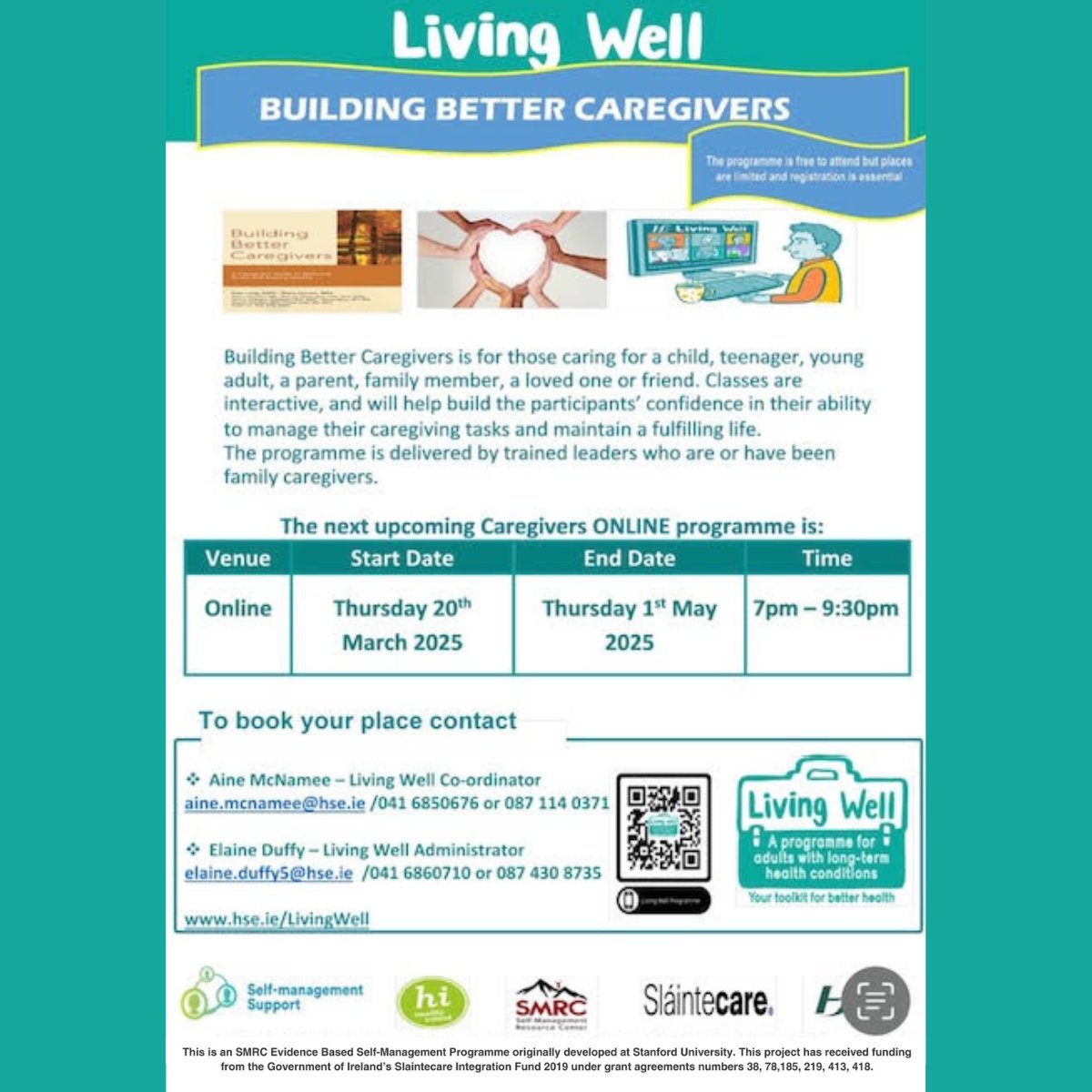 Chronic Pain Ireland. RCN 20028022 (@chronicpainirl) on Twitter photo Living Well - Building Better Caregivers - a free 6-week online evidence-based programme. To book a free place contact aine.mcnamee@hse.ie
<a href="/HSELive/">HSE Ireland</a> Living Well - Building Better Caregivers - a free 6-week online evidence-based programme. To book a free place contact aine.mcnamee@hse.ie
<a href="/HSELive/">HSE Ireland</a>