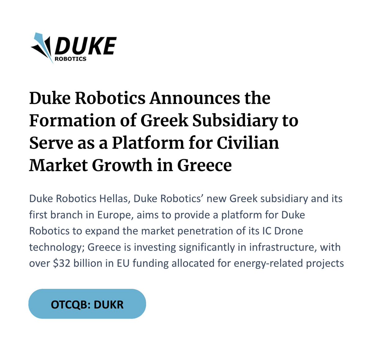 Duke_Robotics's tweet image. Duke Robotics Announces the Formation of Greek Subsidiary to Serve as a Platform for Civilian Market Growth in Greece $DUKR
globenewswire.com/news-release/2…