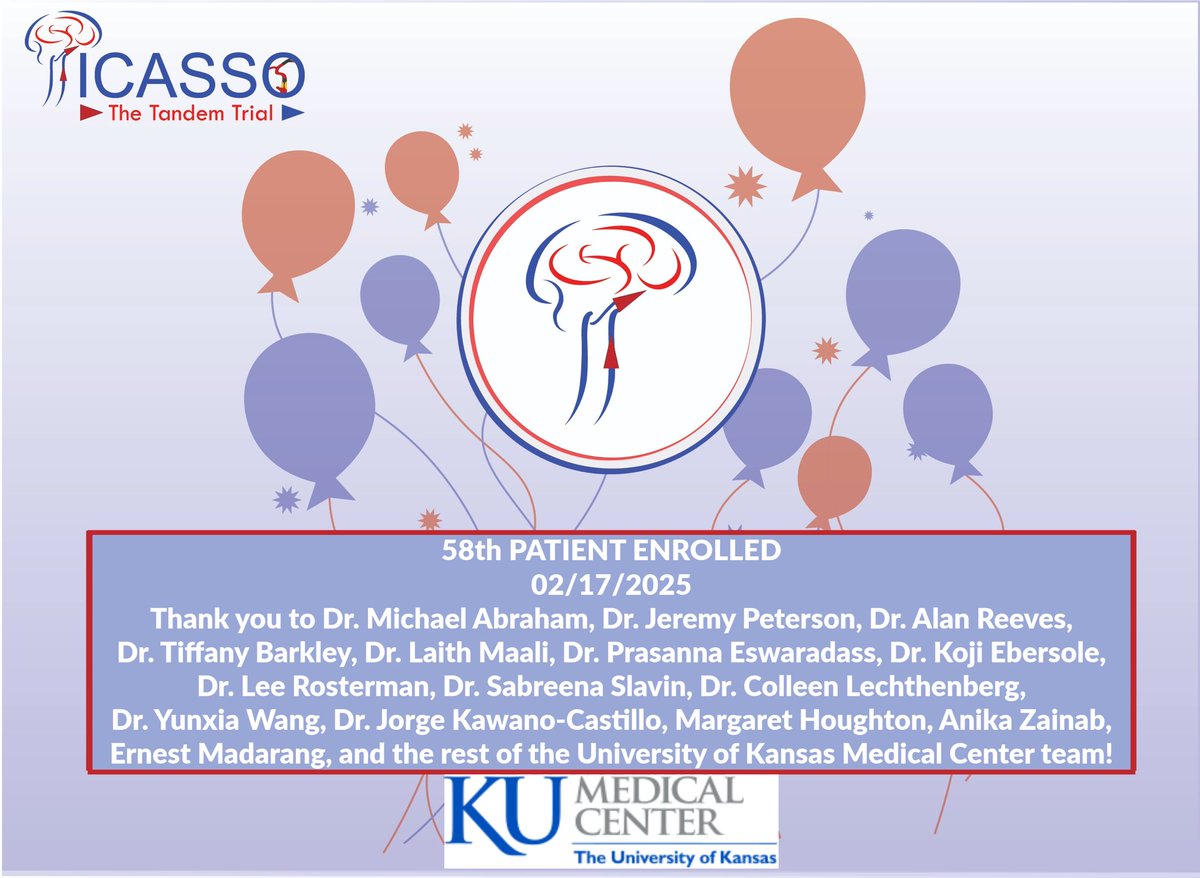 PICASSO Clinical Trial (@thepicassotrial) on Twitter photo Congratulations and thank you to Dr. <a href="/Michael3Abraham/">Michael Abraham</a>, and the rest of the University of Kansas Medical Center team for enrolling the 58th patient in the PICASSO trial! ππ₯³
<a href="/oozaidat/">Osama Zaidat MD</a>
<a href="/NguyenThanhMD/">Thanh Nguyen πΊπ¦</a>
<a href="/samialkasab/">Sami Al Kasab</a> Congratulations and thank you to Dr. <a href="/Michael3Abraham/">Michael Abraham</a>, and the rest of the University of Kansas Medical Center team for enrolling the 58th patient in the PICASSO trial! ππ₯³
<a href="/oozaidat/">Osama Zaidat MD</a>
<a href="/NguyenThanhMD/">Thanh Nguyen πΊπ¦</a>
<a href="/samialkasab/">Sami Al Kasab</a>