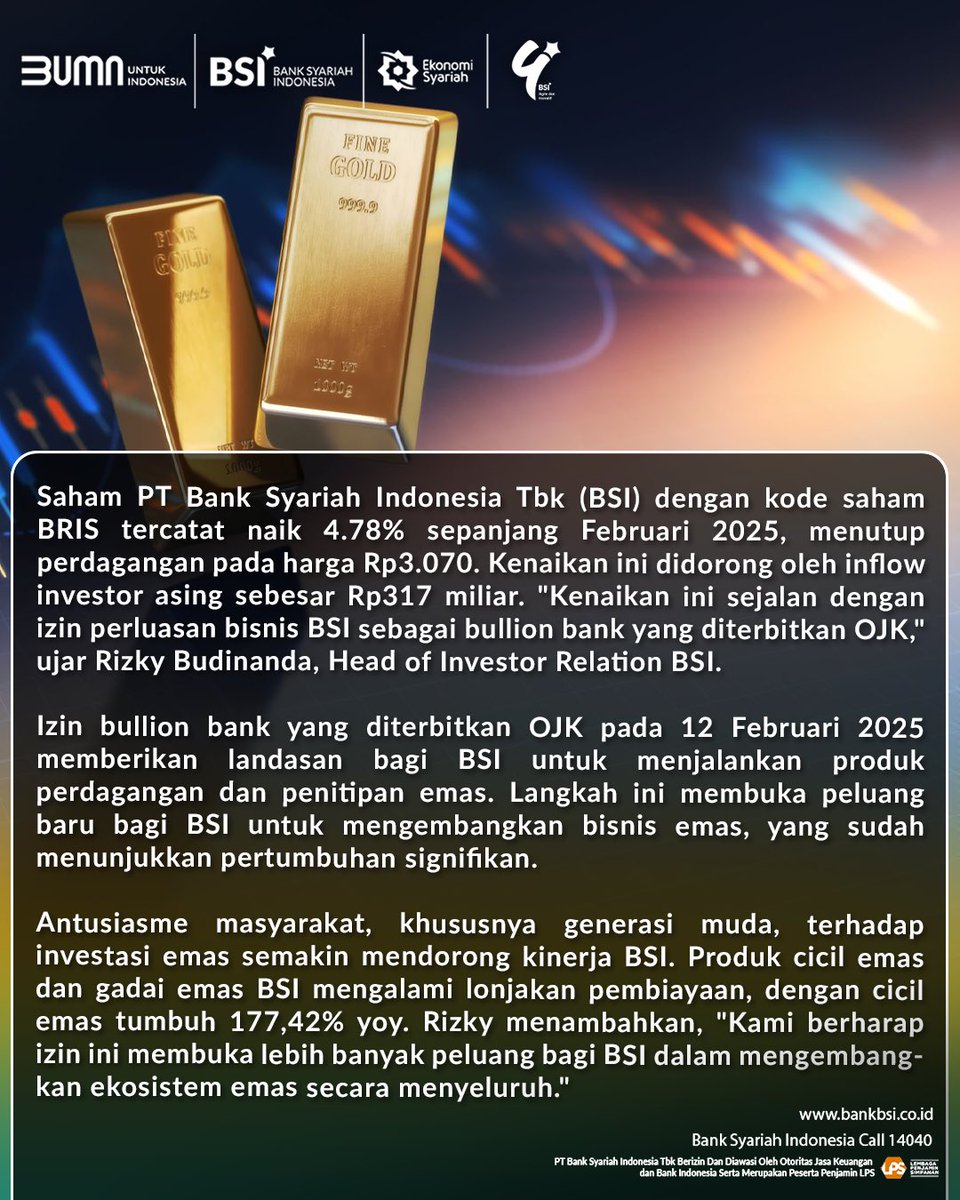 Assalamu'alaikum, Sahabat Syariah!

Saham PT Bank Syariah Indonesia (BSI) dengan kode BRIS sukses mencatatkan kenaikan signifikan bulan ini, didorong oleh izin perluasan bisnis sebagai bullion bank! Dengan izin OJK untuk produk perdagangan dan penitipan emas, BSI siap membuka
