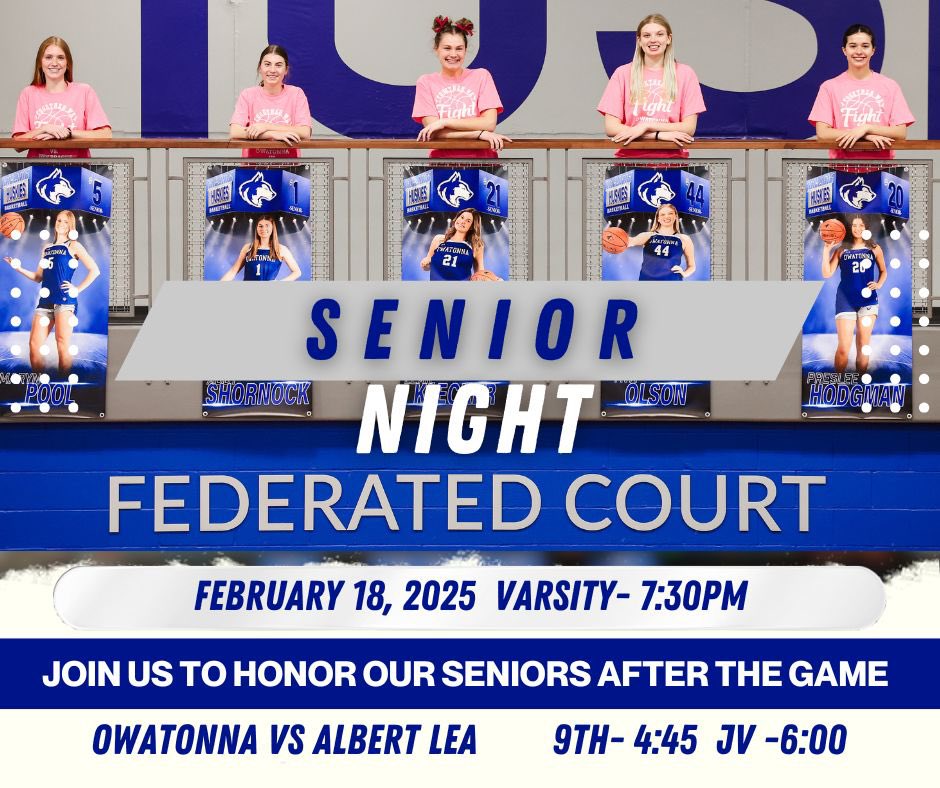 GAME DAY‼️🏀 
Owatonna Senior Night is still on so come out tonight to cheer on the Huskies and celebrate the careers of our 5 seniors…
⭐️Preslee Hodgman
⭐️Lexie Klecker
⭐️Ava Olson
⭐️Maryn Pool
⭐️ Abby Shornock
#aaronguzmanphotography
