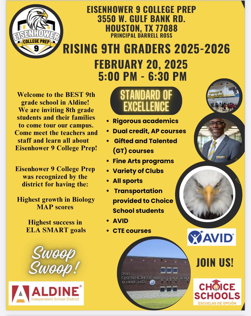 Join us for 9th Grade Night at Eisenhower 9 College Prep! 🦅✨
📅 Feb. 20th from 5-6:30 p.m. 📍 Eisenhower 9
Tour the campus, meet teachers, &amp; explore:
✔️ Dual Credit &amp; AP Courses
✔️ Fine Arts &amp; Clubs
✔️ All Sports &amp; GT Programs