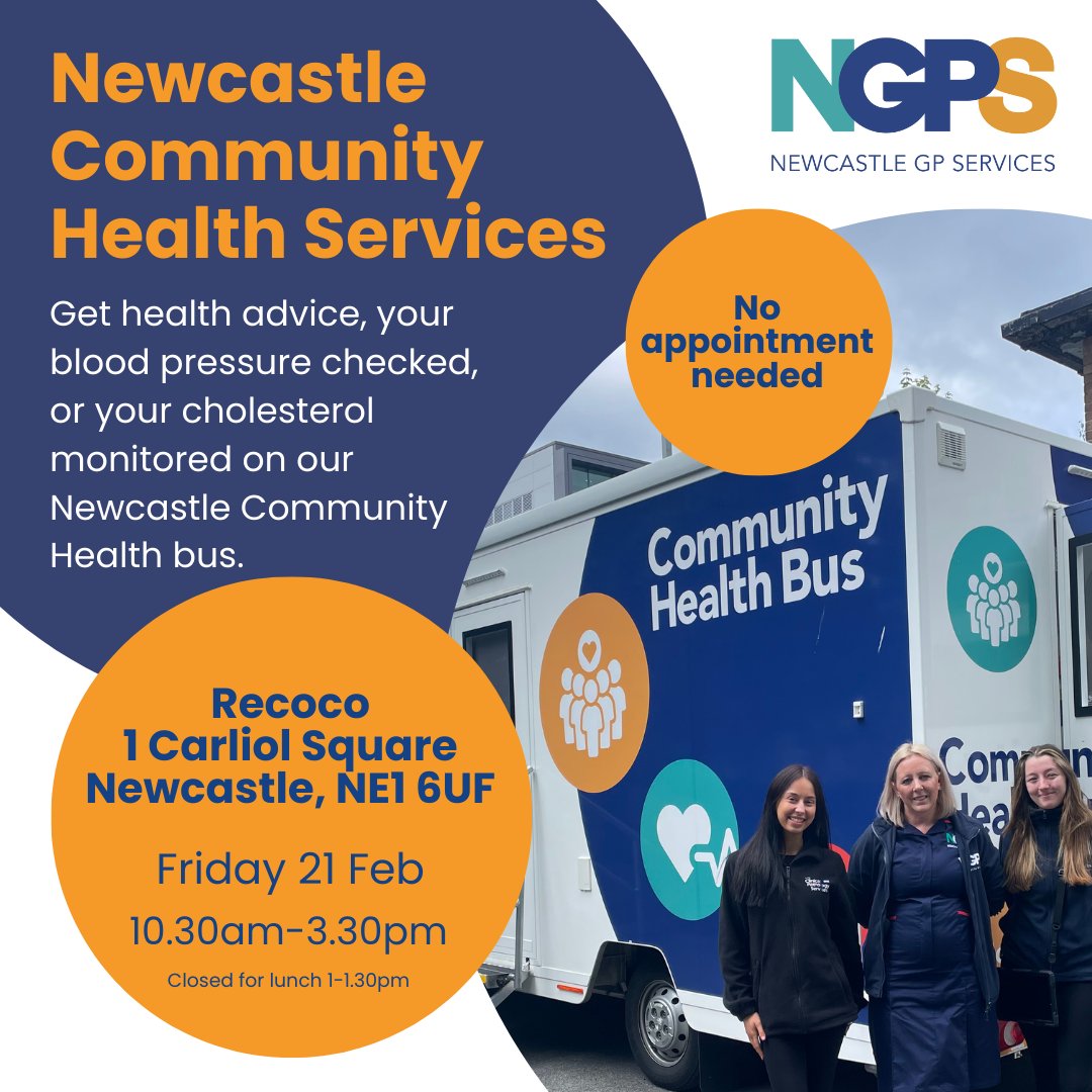 The Newcastle Community Health Bus, Monty, will be visiting Recoco, 1 Carliol Square, Newcastle, this Friday 21 Feb.

Please share and encourage people to get a health check from our team of nurses and pharmacy students from <a href="/UniofNewcastle/">Newcastle University</a>.