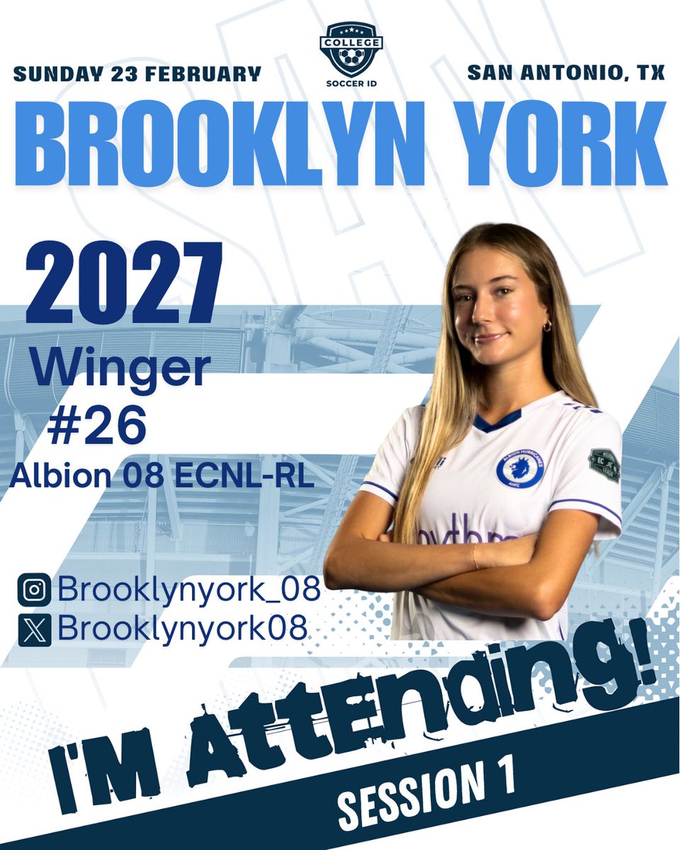 Brooklyn York (@brooklynyork08) on Twitter photo I'm looking forward to attending the <a href="/CollegeSoccerID/">College Soccer ID</a> camp this Sunday in San Antonio. <a href="/CoachGusMota/">Gustavo Mota</a> <a href="/AHFC08GECRL/">Albion U17 ECNL - RL</a> <a href="/CoachRamirez4/">Coach Ramirez</a> <a href="/TexasTechSoccer/">Texas Tech Soccer</a> <a href="/BaylorFutbol/">Baylor Soccer</a> <a href="/UTRGVWSoccer/">UTRGV Women's Soccer</a> <a href="/TUWSoccer/">Trinity Soccer</a> <a href="/UIWWomensSoccer/">UIW Women's Soccer</a> <a href="/TXStateSoccer/">Texas State Soccer</a> <a href="/RiceSoccer/">Rice Soccer</a> <a href="/TAMUSanAntonio/">Texas A&M University-San Antonio</a> <a href="/HCUWSoccer/">HCU Women's Soccer</a> <a href="/SEUWSoccer/">St. Edward's Women's Soccer</a> <a href="/UTSAWSOC/">UTSA Soccer</a> I'm looking forward to attending the <a href="/CollegeSoccerID/">College Soccer ID</a> camp this Sunday in San Antonio. <a href="/CoachGusMota/">Gustavo Mota</a> <a href="/AHFC08GECRL/">Albion U17 ECNL - RL</a> <a href="/CoachRamirez4/">Coach Ramirez</a> <a href="/TexasTechSoccer/">Texas Tech Soccer</a> <a href="/BaylorFutbol/">Baylor Soccer</a> <a href="/UTRGVWSoccer/">UTRGV Women's Soccer</a> <a href="/TUWSoccer/">Trinity Soccer</a> <a href="/UIWWomensSoccer/">UIW Women's Soccer</a> <a href="/TXStateSoccer/">Texas State Soccer</a> <a href="/RiceSoccer/">Rice Soccer</a> <a href="/TAMUSanAntonio/">Texas A&M University-San Antonio</a> <a href="/HCUWSoccer/">HCU Women's Soccer</a> <a href="/SEUWSoccer/">St. Edward's Women's Soccer</a> <a href="/UTSAWSOC/">UTSA Soccer</a>