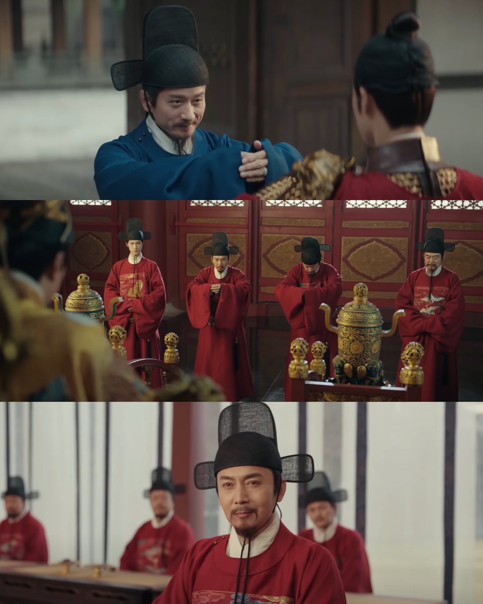 tiff_ilosophy's tweet photo. 🎓【wusha mao】black gauze gap
— seen on song mo (#LiYunrui), song yichun (#WangJiusheng), dou shisu (#WangTonghui), dou shiying (#JiChenmu), and officials in #Blossom
the wusha mao evolved from ‘futou’ headwear worn by officials in the tang and song dynasties, particularly the winged ‘zhanjiao futou’ of the song dynasty, ultimately becoming the defining symbol of government officials and officialdom during the ming dynasty.
it features a rounded front, a raised rear section, and a pair of wings on both sides, which were reinforced with iron wires to ensure that they maintained their shape. the cap’s exterior was made of gauze and coated with black lacquer, providing durability while allowing it to be smoothly put on and taken off.
compared to its zhanjiao futou predecessor, the wusha mao of the ming dynasty had shorter and broader wings. official rank could be visually distinguished by the width of the wings — the higher the rank, the narrower the wings.
the wusha mao was officially designated as the standard court headwear for ming dynasty officials during the hongwu reign. according to《ming shi · yu fu zhi》(‘records of ming history: administrative and clothing rites’): “in the third year of hongwu (year 1370), it was decreed that for all regular court sessions and administrative duties, officials were to wear a wusha mao, a round-collared robe (‘tuanling shan’), and a belt (‘shu dai’) as their formal attire.”
even today, the wusha mao remains synonymous with officialdom, reflected in phrases such as, ‘dài le wūshā mào,’ which literally means ‘to wear the wusha mao’ but used to signify ‘assuming an official position.’ on the other hand, ‘zhāi diào wūshā mào,’ meaning ‘to remove the wusha mao,’ is a euphemism for ‘being dismissed from office.’ 🙇♂️
#CDrama