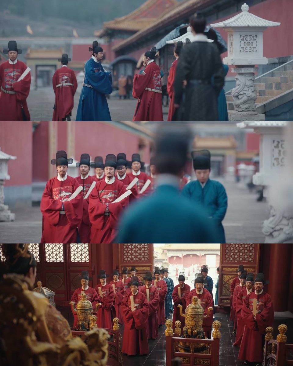 tiff_ilosophy's tweet photo. 🎓【wusha mao】black gauze gap
— seen on song mo (#LiYunrui), song yichun (#WangJiusheng), dou shisu (#WangTonghui), dou shiying (#JiChenmu), and officials in #Blossom
the wusha mao evolved from ‘futou’ headwear worn by officials in the tang and song dynasties, particularly the winged ‘zhanjiao futou’ of the song dynasty, ultimately becoming the defining symbol of government officials and officialdom during the ming dynasty.
it features a rounded front, a raised rear section, and a pair of wings on both sides, which were reinforced with iron wires to ensure that they maintained their shape. the cap’s exterior was made of gauze and coated with black lacquer, providing durability while allowing it to be smoothly put on and taken off.
compared to its zhanjiao futou predecessor, the wusha mao of the ming dynasty had shorter and broader wings. official rank could be visually distinguished by the width of the wings — the higher the rank, the narrower the wings.
the wusha mao was officially designated as the standard court headwear for ming dynasty officials during the hongwu reign. according to《ming shi · yu fu zhi》(‘records of ming history: administrative and clothing rites’): “in the third year of hongwu (year 1370), it was decreed that for all regular court sessions and administrative duties, officials were to wear a wusha mao, a round-collared robe (‘tuanling shan’), and a belt (‘shu dai’) as their formal attire.”
even today, the wusha mao remains synonymous with officialdom, reflected in phrases such as, ‘dài le wūshā mào,’ which literally means ‘to wear the wusha mao’ but used to signify ‘assuming an official position.’ on the other hand, ‘zhāi diào wūshā mào,’ meaning ‘to remove the wusha mao,’ is a euphemism for ‘being dismissed from office.’ 🙇♂️
#CDrama